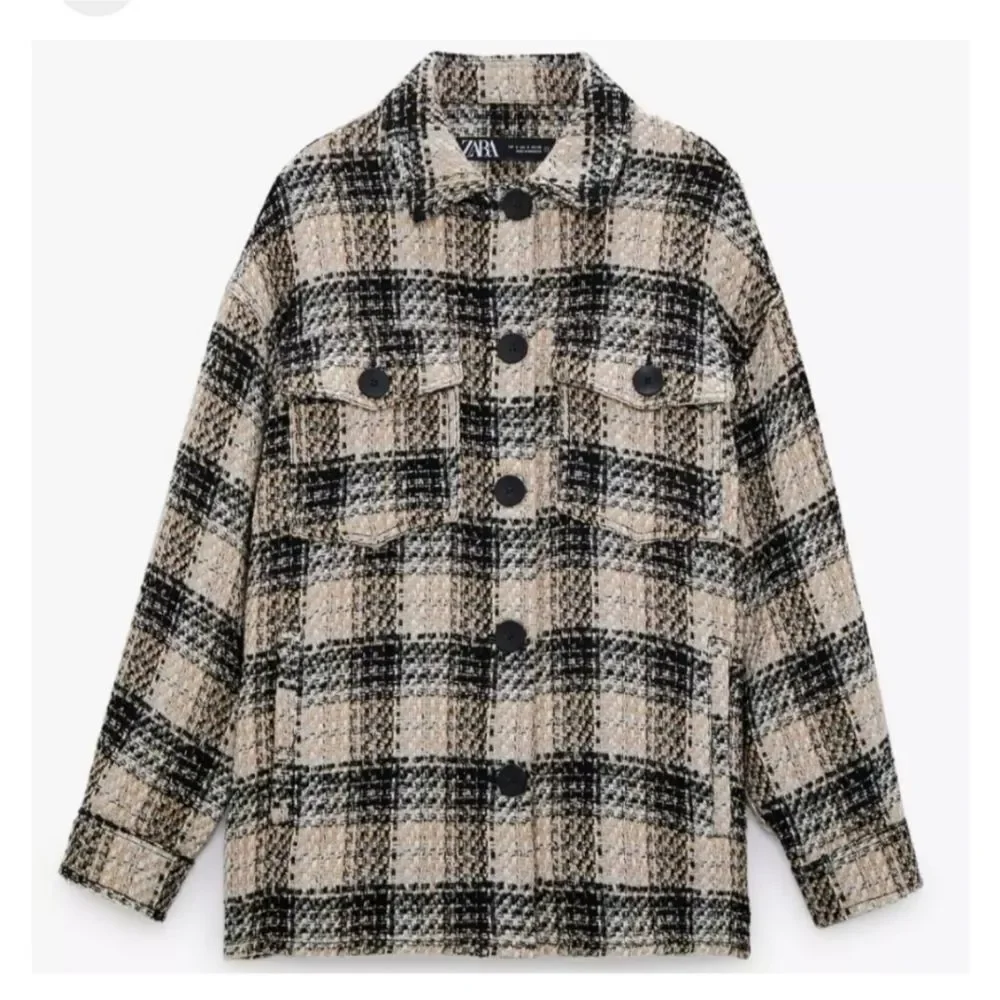 ZARA Tweed Plaid Button Up Shacket M Chunky Overshirt Jacket Oversized Neutral